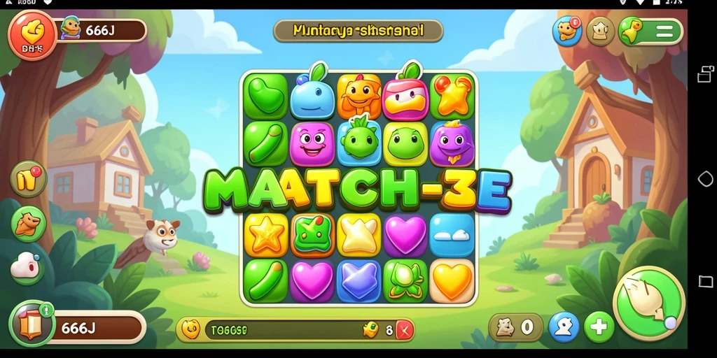 Gameplay seru 666J dengan tampilan gemerlap permata Match-3.