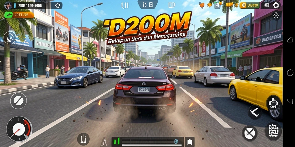 Tangkapan layar D200M menunjukkan aksi balapan yang mendebarkan di lintasan.