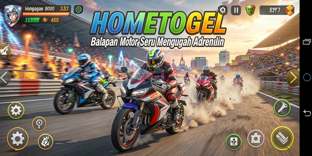 Tampilan gameplay menegangkan dari HOMETOGEL saat balapan motor.