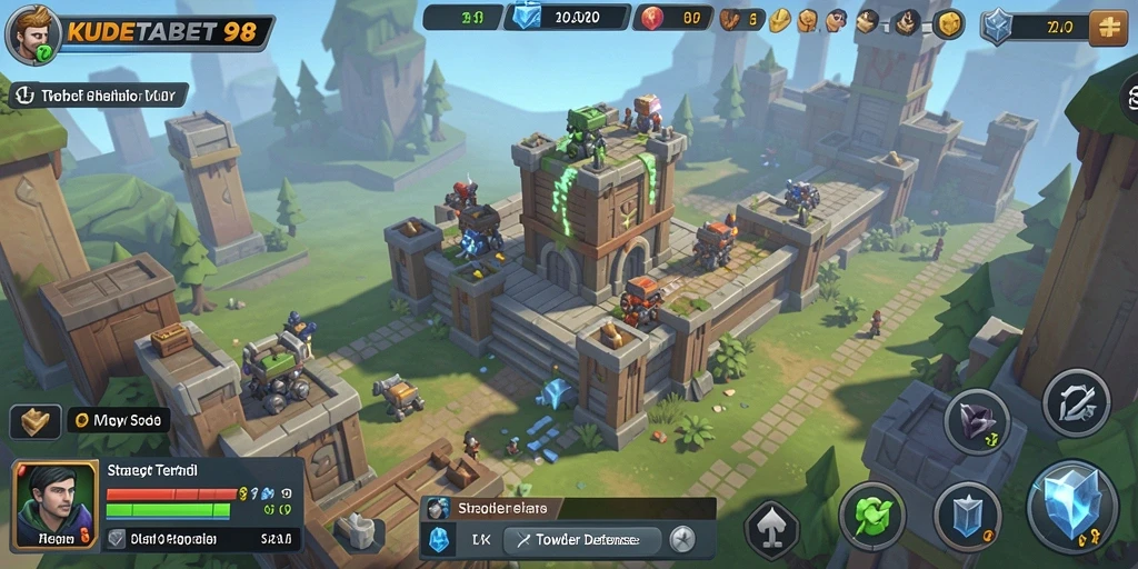 Screenshot KUDETABET98 menunjukkan gameplay menara melawan gelombang musuh.