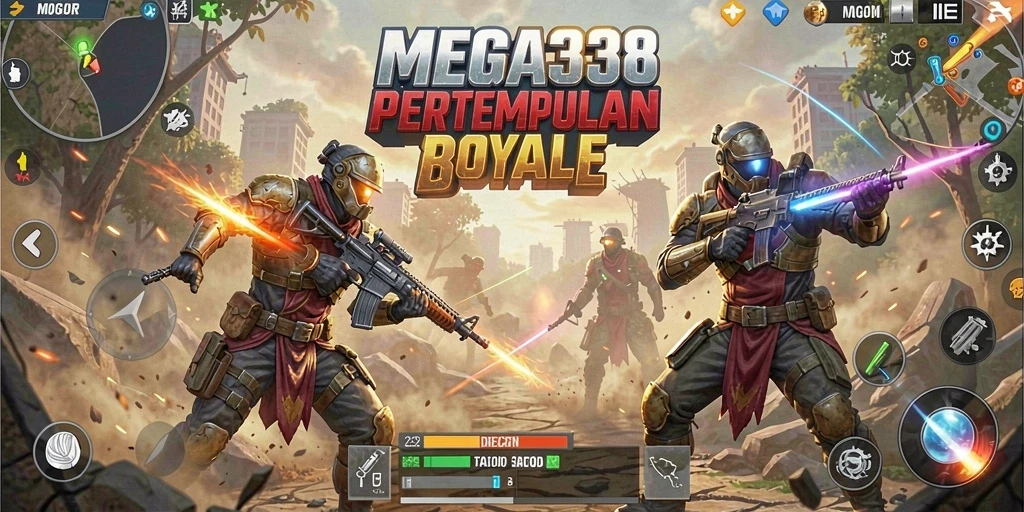 Screenshot gameplay MEGA338 menampilkan aksi mendebarkan dalam pertempuran Battle Royale.