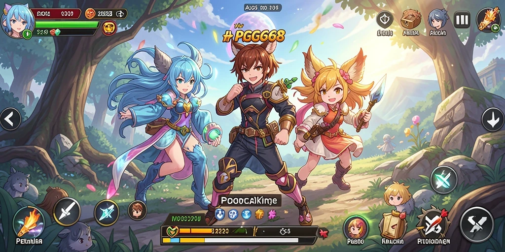 Tampilan gameplay PGG68 dengan karakter anime yang dinamis.