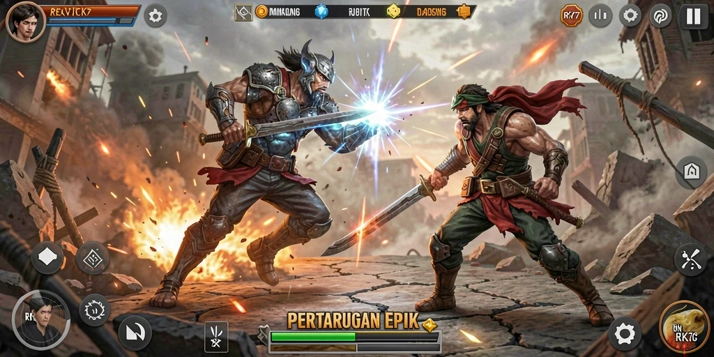 Tampilan gameplay RK77 yang mendebarkan dalam pertarungan yang intens.