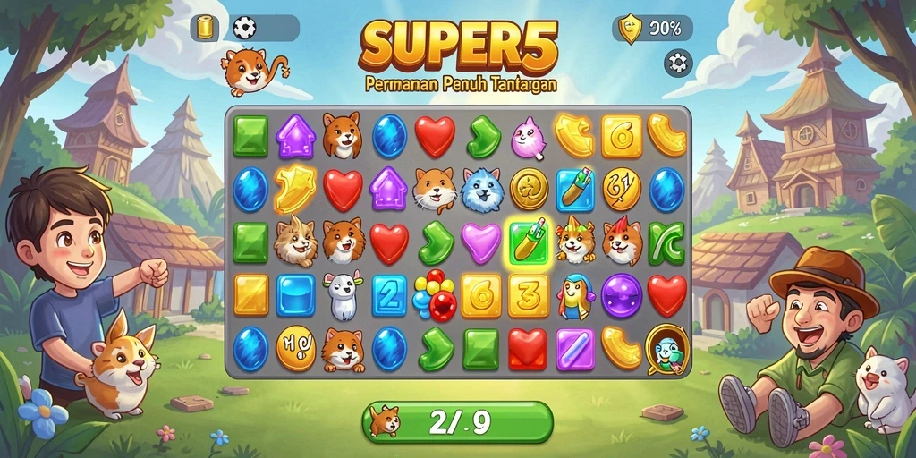 Tangkapan layar gameplay SUPER5 dengan efek Match-3 yang menawan.