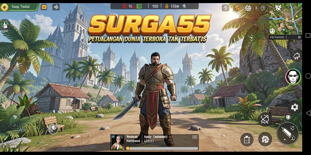 Screenshot menunjukkan gameplay SURGA55 dengan pemandangan dunia terbuka yang menakjubkan.