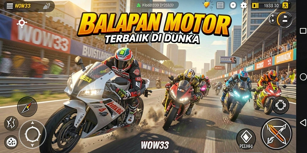 Screenshot gameplay WOW33 dengan aksi balapan motor yang mendebarkan.